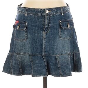 VINTAGE Y2K Denim Blue Jean Mini Skirt with Pocket and Ruffle Details Babydoll